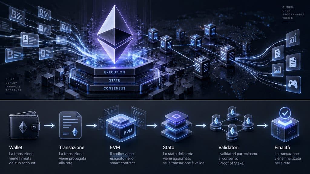 Ethereum: cos'è, come funziona, ETH, smart contract, staking e rischi 1 Flusso di una transazione Ethereum dal wallet attraverso EVM, aggiornamento dello stato e validatori Proof of Stake