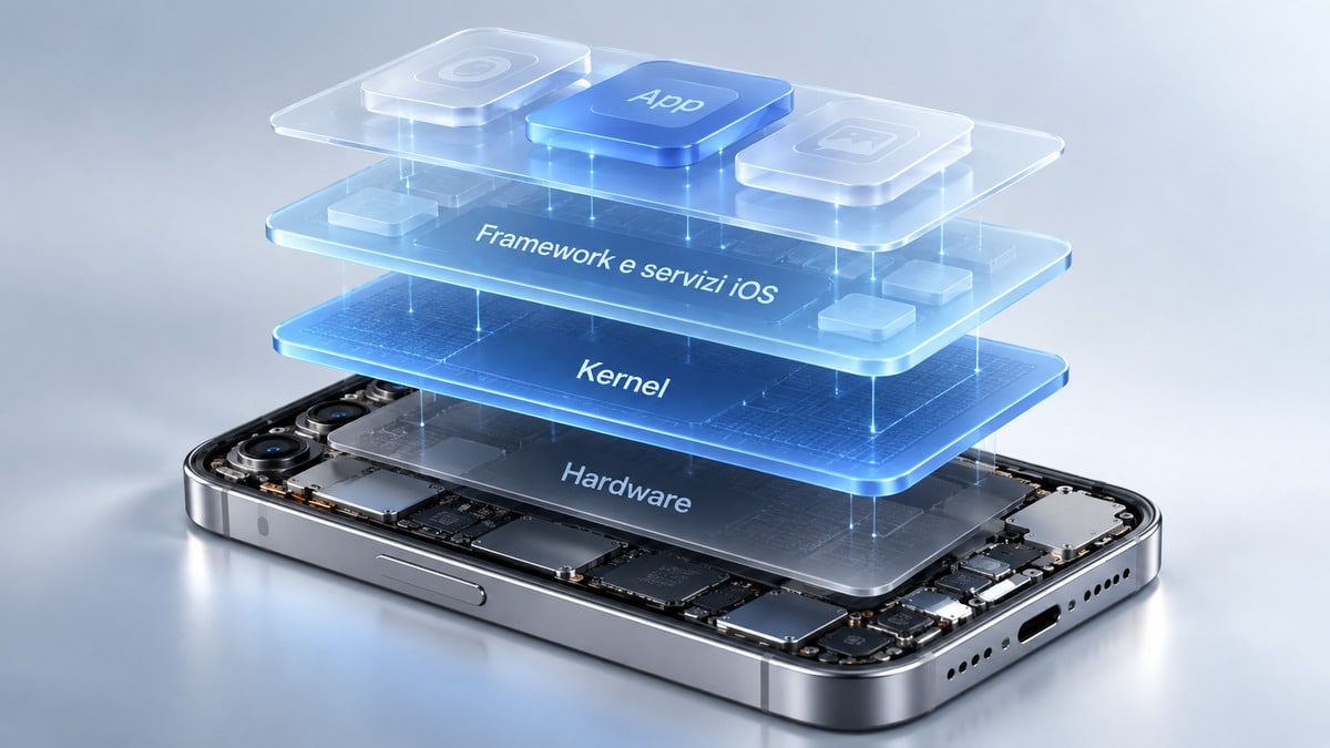 iOS: cos’è, come funziona e a cosa serve il sistema operativo di iPhone 1 Schema dei livelli di iOS: app, framework e servizi, kernel e hardware