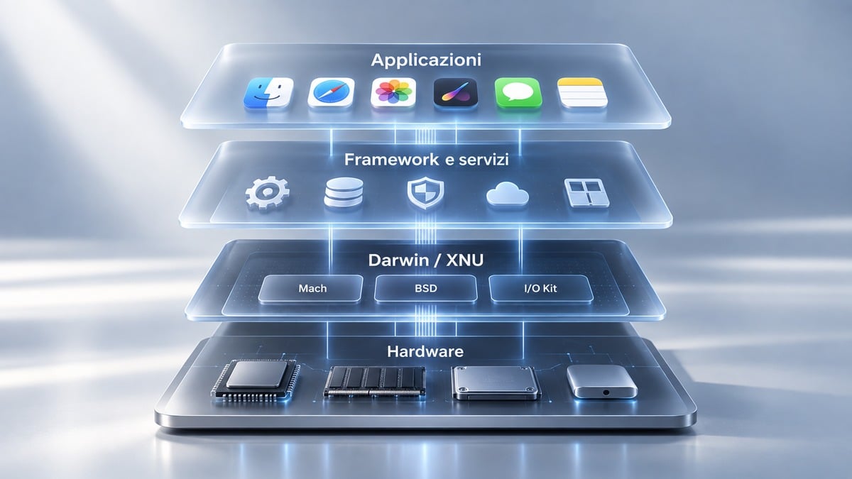 macOS: cos’è, come funziona, versioni e caratteristiche del sistema operativo Mac 1 Schema a quattro livelli con applicazioni, framework e servizi, Darwin XNU e hardware del Mac