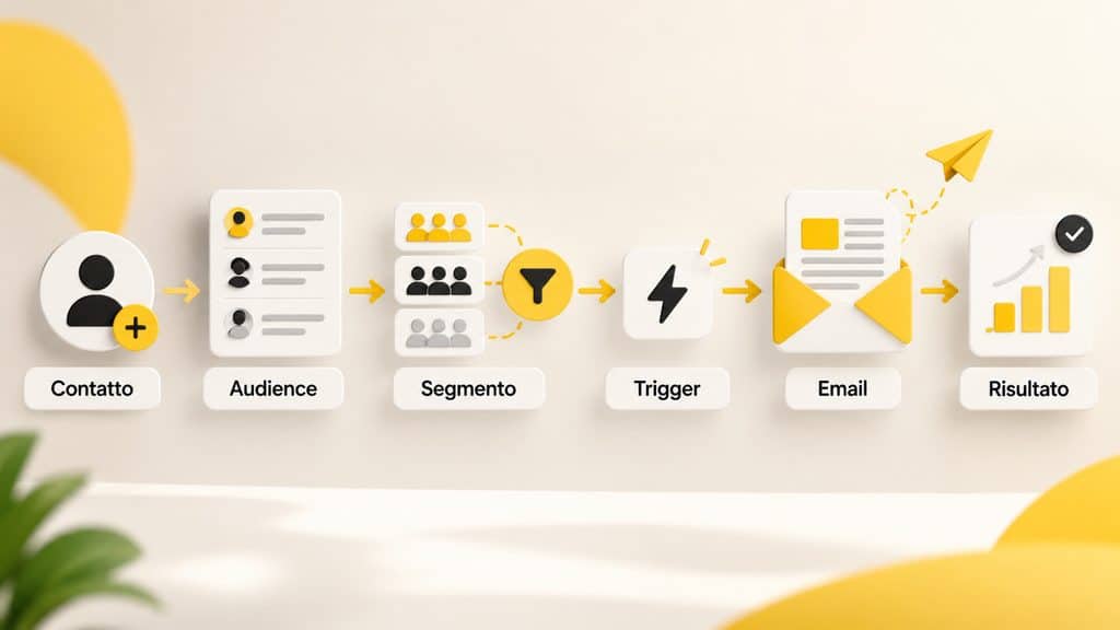Mailchimp: cos'è, come funziona, prezzi e come usarlo per l'email marketing 1 Flusso da contatto e Audience a segmento, trigger, email e risultato in Mailchimp