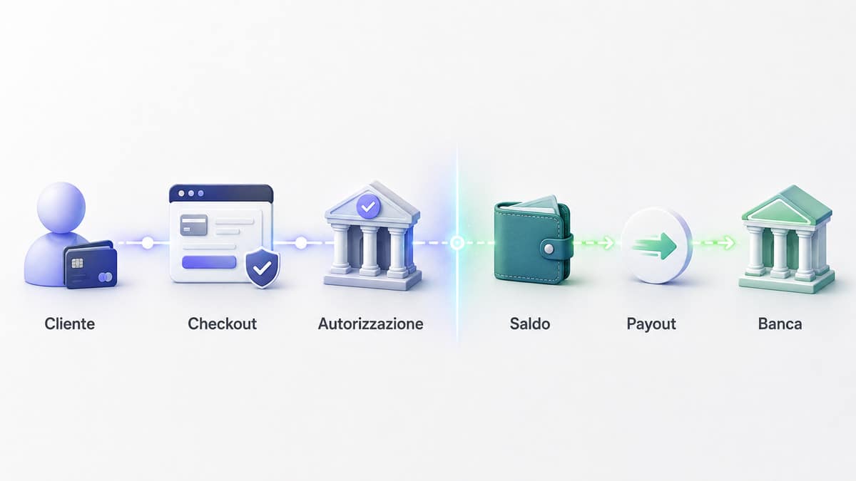 Stripe: cos’è, come funziona, costi e pagamenti in Italia 1 Flusso di un pagamento dal cliente al checkout, autorizzazione, saldo, payout e conto bancario
