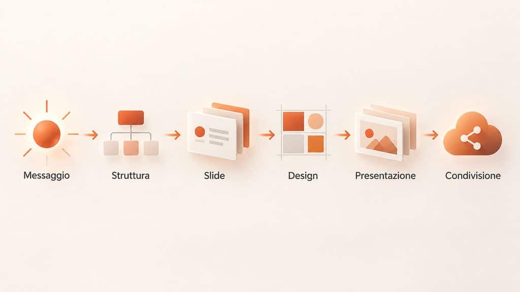 Microsoft PowerPoint: cos’è, a cosa serve, come funziona e come usarlo 1 Diagramma dal messaggio alla condivisione di una presentazione attraverso struttura, slide e design