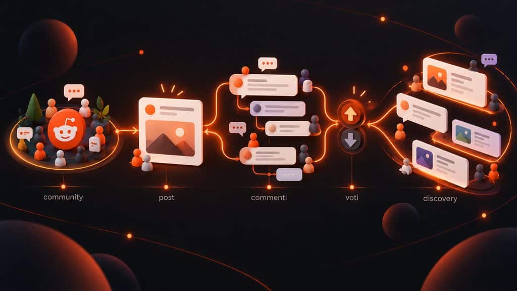 Reddit: cos’è, come funziona, a cosa serve e come usarlo 1 Schema del funzionamento di Reddit da community e post a commenti, voti e discovery