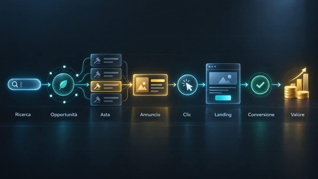 SEA marketing (Search Engine Advertising): cos’è, come funziona e quando conviene 1 Diagramma del percorso SEA dalla ricerca all'asta, annuncio, landing page, conversione e valore