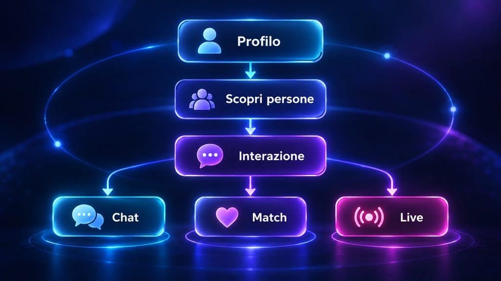 Skout: cos’è, come funziona, costi, sicurezza e alternative 1 Schema del funzionamento di Skout dal profilo alla scoperta di persone, chat, Match e Live
