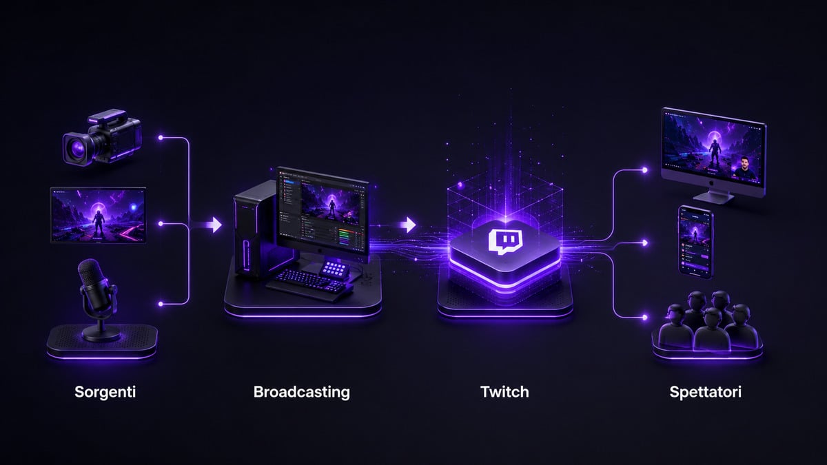 Twitch: cos’è, come funziona, a cosa serve e come usarlo 1 Schema del flusso da videocamera gioco e microfono al software di broadcasting, Twitch e spettatori