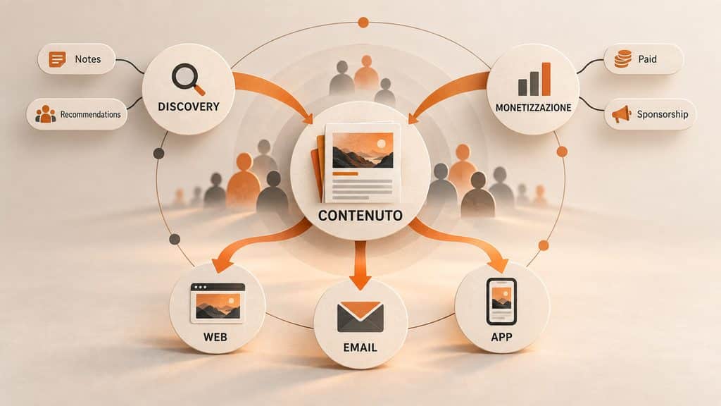 Substack: cos’è, come funziona e quando conviene usarlo 1 Diagramma del funzionamento di Substack dal contenuto alla distribuzione su web, email e app, con discovery e monetizzazione