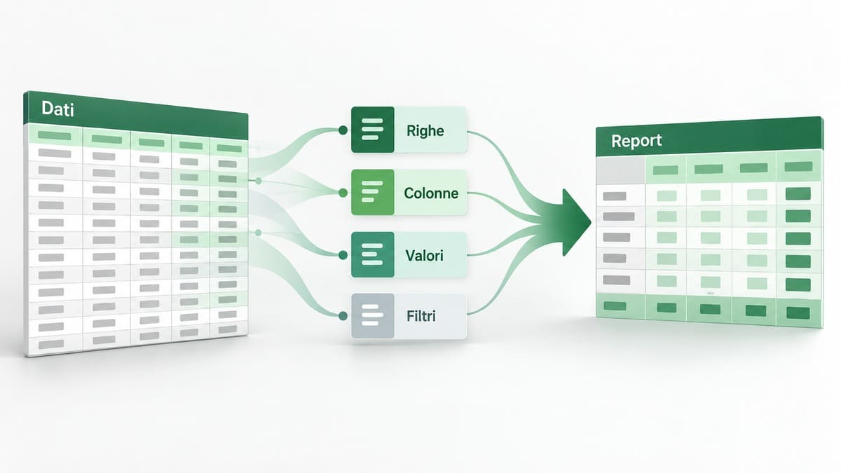 Tabelle pivot Excel: cosa sono, come crearle e usarle con esempi pratici 1 Schema del flusso dai dati sorgente ai campi Righe, Colonne, Valori e Filtri fino al report pivot