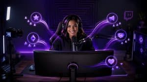 Creator durante una live Twitch circondato da elementi che rappresentano abbonamenti, Bits, pubblicità e sponsorizzazioni