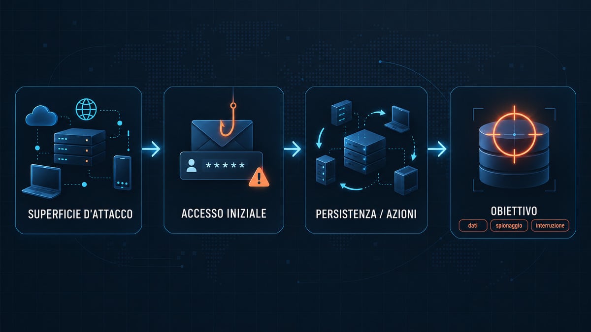 Hacker: chi sono, cosa fanno e come operano davvero 1 Schema delle fasi di un attacco hacker dalla superficie d'attacco all'obiettivo