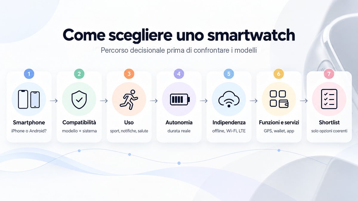 Smartwatch: cos’è, come funziona e come scegliere quello giusto 2 Percorso in sette passaggi per scegliere uno smartwatch in base a smartphone, compatibilità, uso, autonomia, indipendenza e servizi
