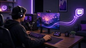 Postazione con PC, microfono e webcam configurata per una diretta Twitch