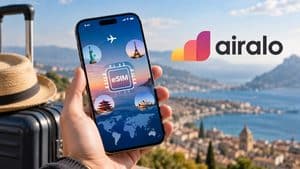 Home 9 Smartphone con eSIM Airalo in un contesto di viaggio internazionale, con riferimento visivo alla connettività globale.