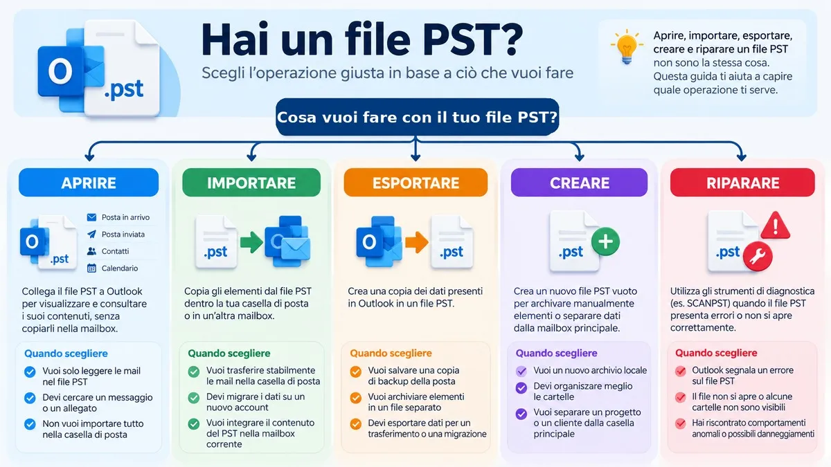 File PST: cos’è, a cosa serve e come usarlo in Outlook 2 Schema per scegliere se aprire, importare, esportare, creare o riparare un file PST