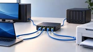 Home 8 Hub di rete Ethernet collegato a computer, NAS e stampante tramite cavi di rete