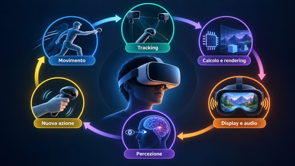 Realtà virtuale (VR): cos’è, come funziona e a cosa serve 1 Diagramma del ciclo della realtà virtuale: movimento, tracking, rendering, display e audio, percezione e nuova azione