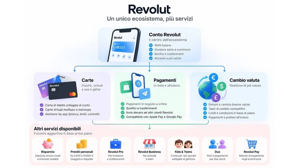 Revolut: cos’è, come funziona, costi, carta e conto in Italia 1 Schema dell'ecosistema Revolut con conto, carte, pagamenti, cambio valuta e servizi aggiuntivi