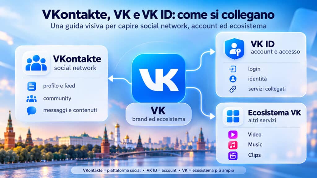 VKontakte (VK): cos’è, come funziona e si può usare in Italia? 1 Schema delle relazioni tra VKontakte, VK ID e gli altri servizi dell’ecosistema VK