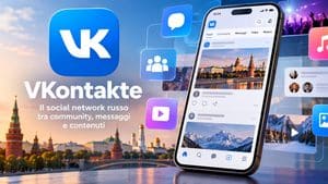 VKontakte rappresentato come social network con community, messaggi e contenuti multimediali