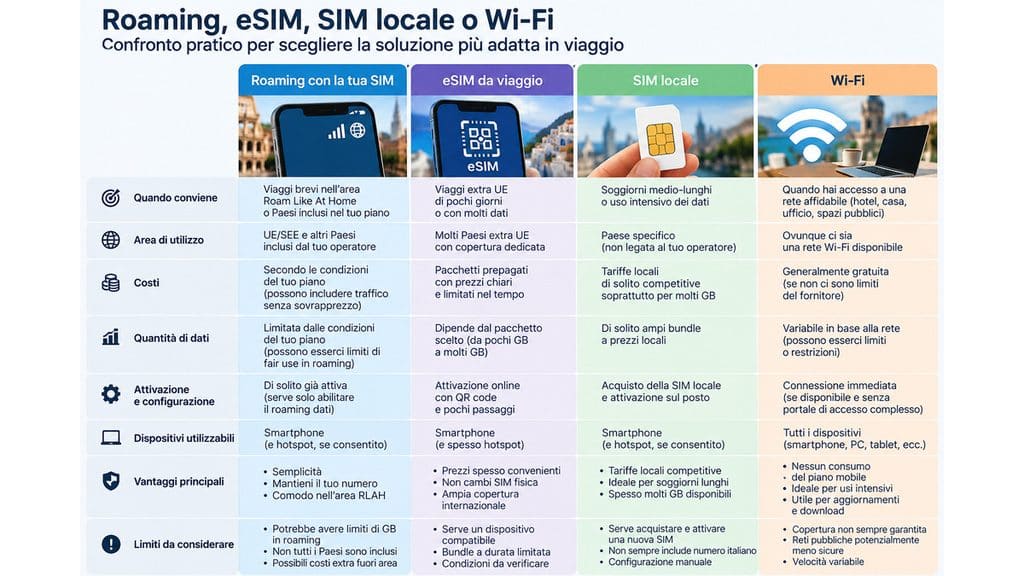 Roaming dati: cos’è, come funziona e quando attivarlo 2 Confronto tra roaming, eSIM da viaggio, SIM locale e Wi-Fi per scegliere come collegarsi all’estero