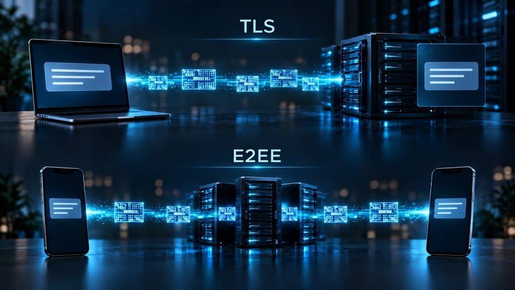 Crittografia end-to-end (E2EE): cos’è, come funziona e cosa protegge 1 Confronto tra crittografia end-to-end e TLS con diverso punto di decifratura