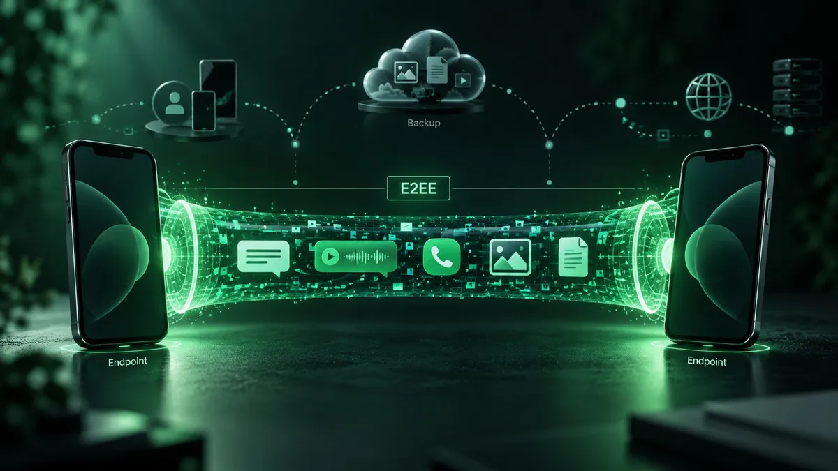 Crittografia WhatsApp: cos’è, come funziona la crittografia end-to-end e cosa protegge 1 Schema della crittografia WhatsApp con contenuto cifrato tra due dispositivi e backup e dati esterni al canale end-to-end