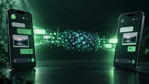Due smartphone collegati da una comunicazione cifrata che rappresenta la crittografia end-to-end di WhatsApp
