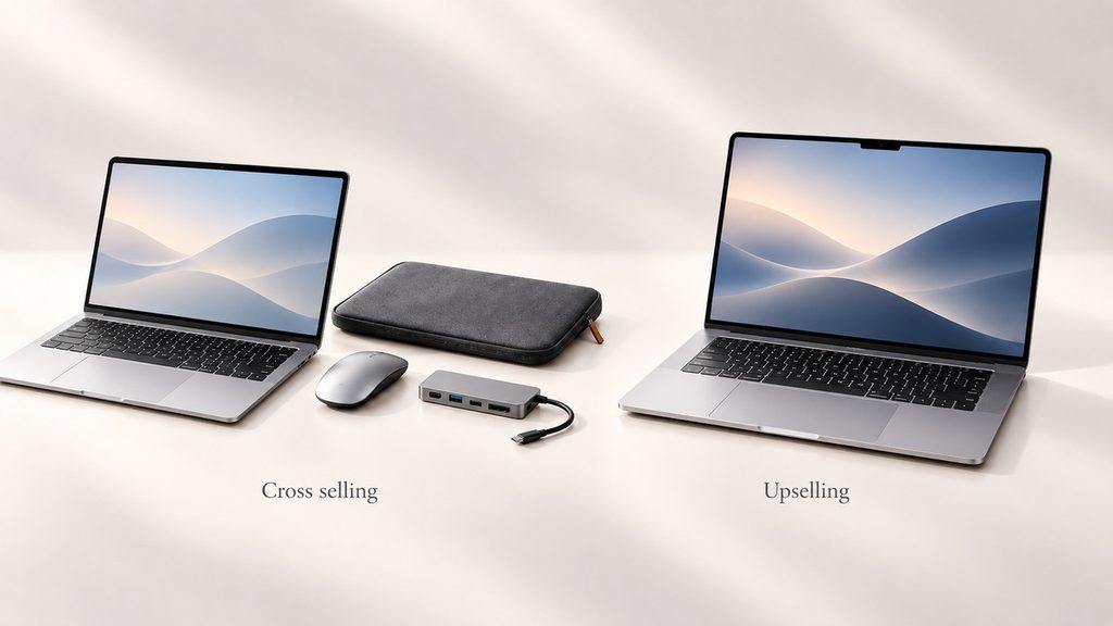 Cross selling: cos’è, come funziona, esempi e differenze con l’upselling 1 Confronto visivo tra cross selling, che aggiunge prodotti complementari, e upselling, che propone una versione superiore