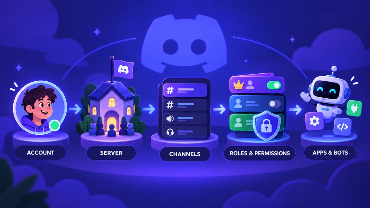 Discord: cos’è, come funziona, a cosa serve e come usarlo 1 Schema del funzionamento di Discord da account a server, canali, ruoli e permessi, app e bot