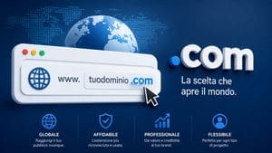 Rappresentazione del dominio .com come estensione generica collegata a una struttura DNS globale