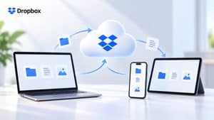 Dropbox con file sincronizzati tra cloud, computer e smartphone