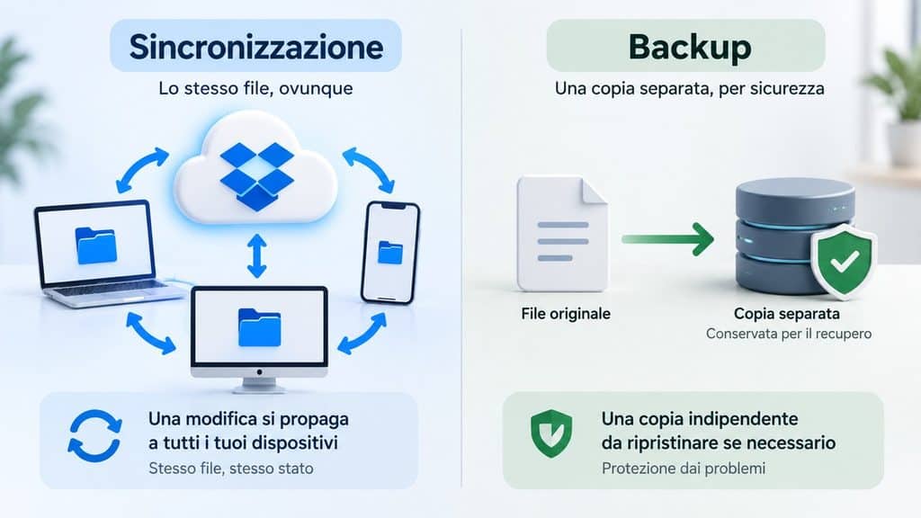 Dropbox: cos’è, come funziona e quando conviene usarlo 1 Diagramma della differenza tra sincronizzazione Dropbox e backup con copia separata