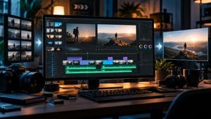 Home 7 ALT: Timeline di editing video con clip, tracce audio e video finale