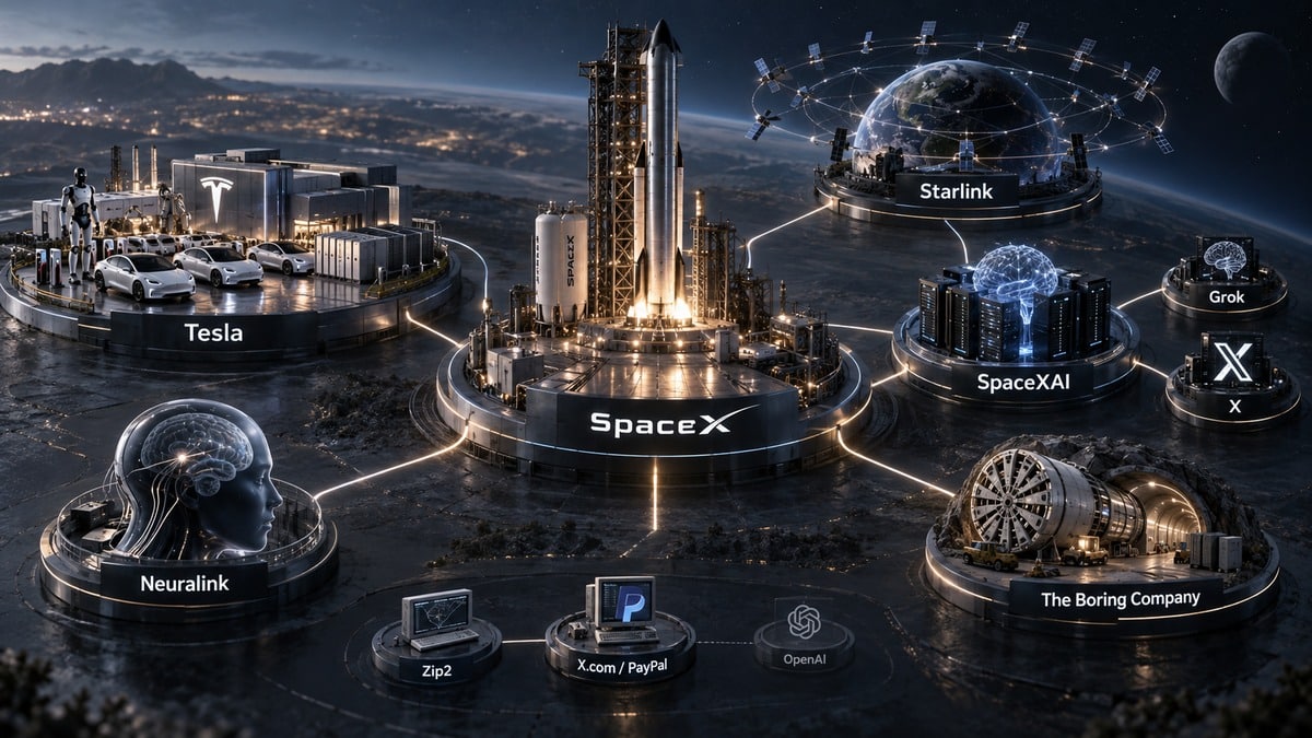 Elon Musk: chi è, storia, aziende, patrimonio e cosa fa oggi 1 Mappa visiva delle relazioni tra SpaceX, SpaceXAI, X, Grok, Tesla, Neuralink e The Boring Company nell'ecosistema di Elon Musk