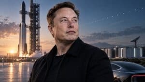 Elon Musk in una scena editoriale con un razzo, infrastrutture tecnologiche e richiami alla mobilità elettrica