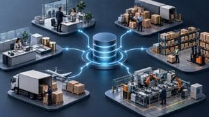 Sistema ERP centrale che collega vendite, magazzino, produzione, logistica e amministrazione