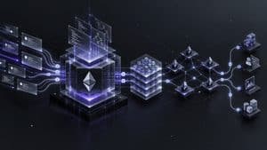 Home 7 Rappresentazione editoriale della rete Ethereum come infrastruttura programmabile con transazioni, esecuzione e validazione distribuita