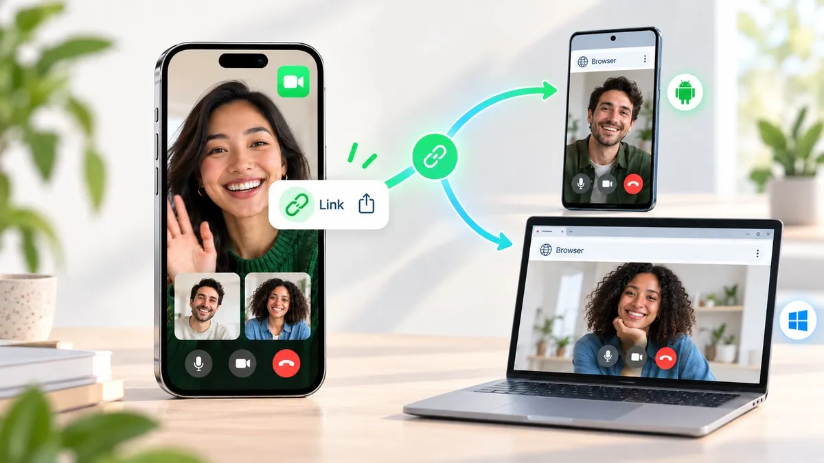 FaceTime: cos’è, come funziona e come usarlo su iPhone, Android, Windows e Mac 1 Schema del link FaceTime creato su dispositivo Apple e aperto da Android e Windows