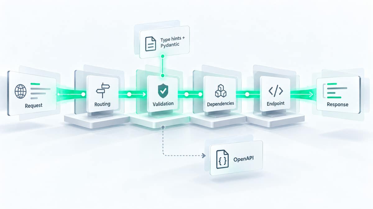 FastAPI: cos'è, come funziona e come creare API in Python 1 Schema del flusso FastAPI da request, routing e validazione fino alla response