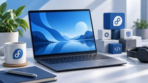 Home 8 Workstation Linux moderna dedicata a Fedora con elementi modulari per sistema, sviluppo e applicazioni
