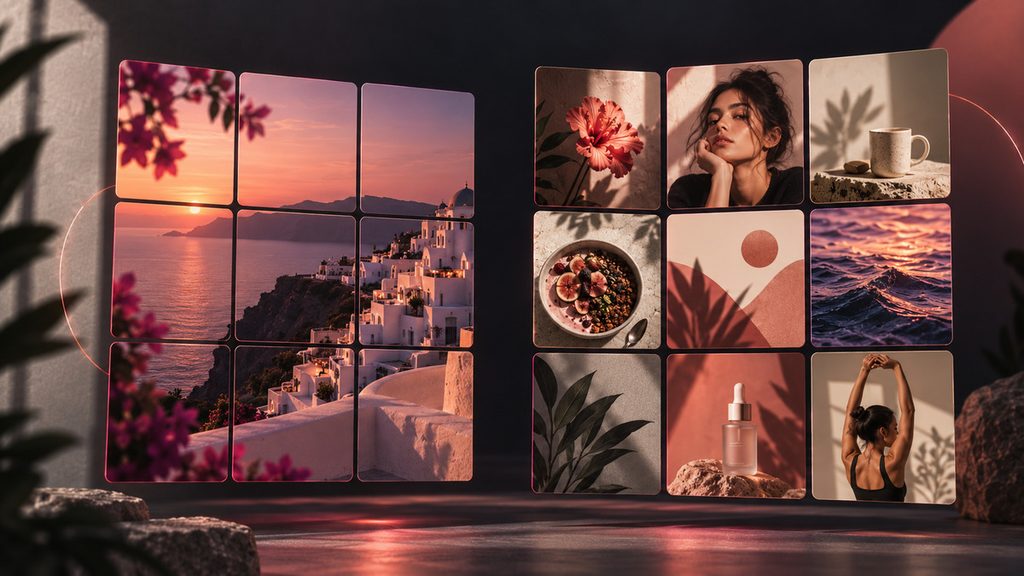 Feed Instagram: cos’è, come funziona e come curare la griglia del profilo 1 Confronto visuale tra griglia Instagram rigida a puzzle e griglia composta da contenuti autonomi
