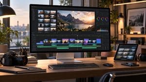 Postazione professionale per montaggio video con timeline, anteprima e strumenti di color grading