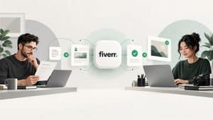 Cliente e freelance collegati attraverso un marketplace digitale che rappresenta Fiverr