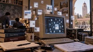 Illustrazione della nascita di Google con workstation universitaria e rete di pagine Web collegate