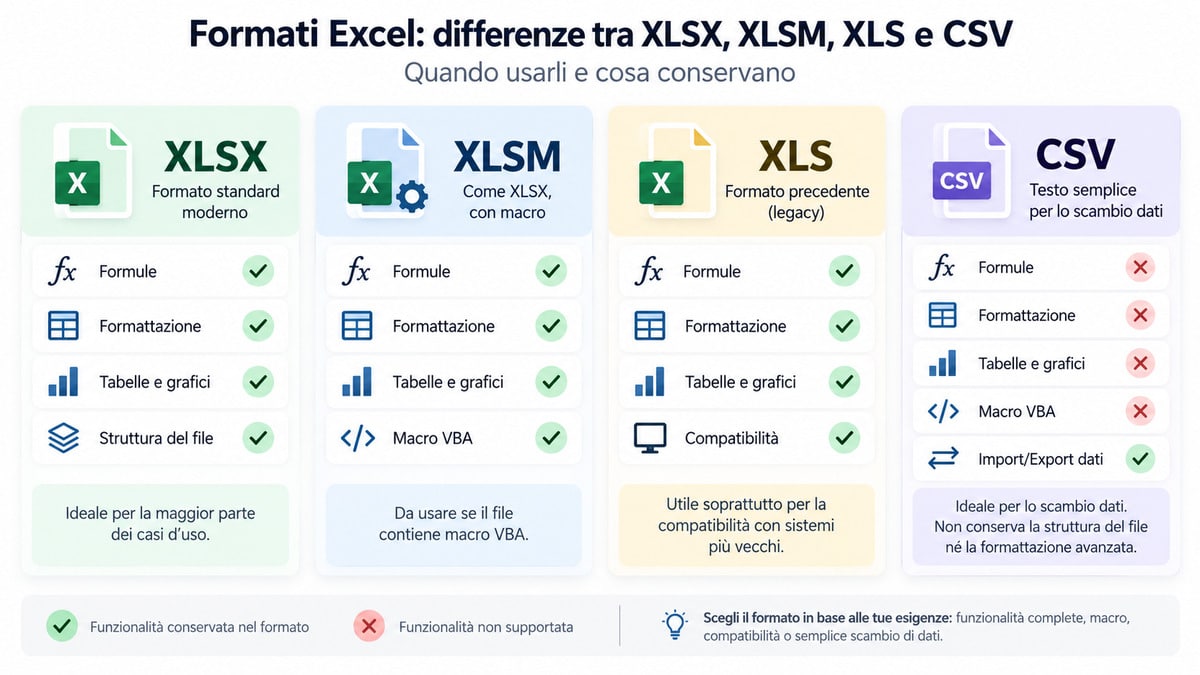 Excel: cos’è, a cosa serve, come funziona e come usarlo 2 Differenze tra formati Excel XLSX, XLSM, XLS e CSV