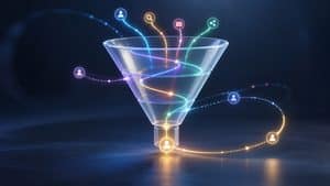 Funnel marketing rappresentato come imbuto attraversato da percorsi cliente non lineari
