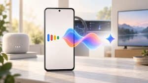 Smartphone con segnale vocale di Google Assistant che evolve verso un’esperienza Gemini collegata a più dispositivi