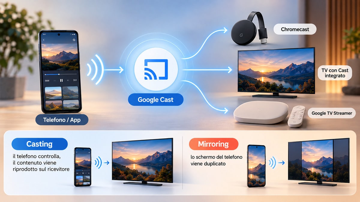 Chromecast: cos’è, come funziona e cosa cambia con Google TV Streamer 1 Schema di Google Cast: telefono e app collegati a Chromecast, TV con Cast integrato e Google TV Streamer, con confronto tra casting e mirroring.