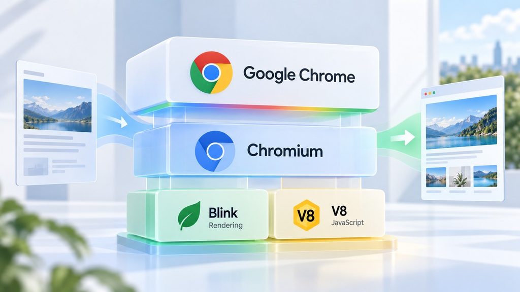 Google Chrome: cos’è, come funziona, download, sicurezza e confronto con gli altri browser 1 Schema del rapporto tra Google Chrome, Chromium, Blink e il motore JavaScript V8