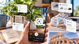 Smartphone che usa la ricerca visuale per analizzare oggetti e testo con Google Lens